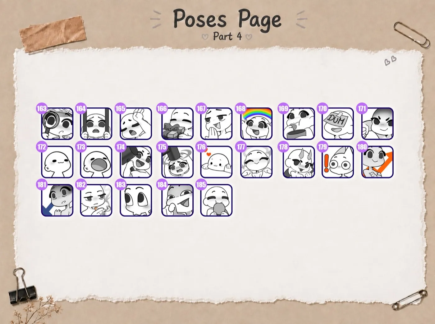 Pose catalogue, poses 163 to 185