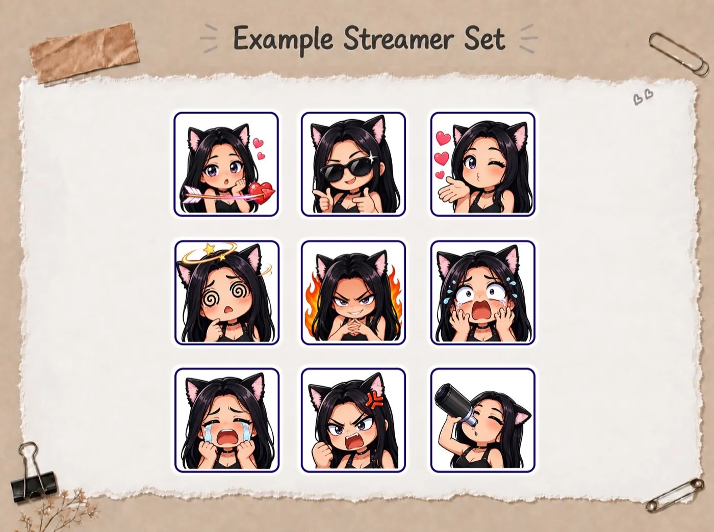 Emote set: black-haired character with cat ears