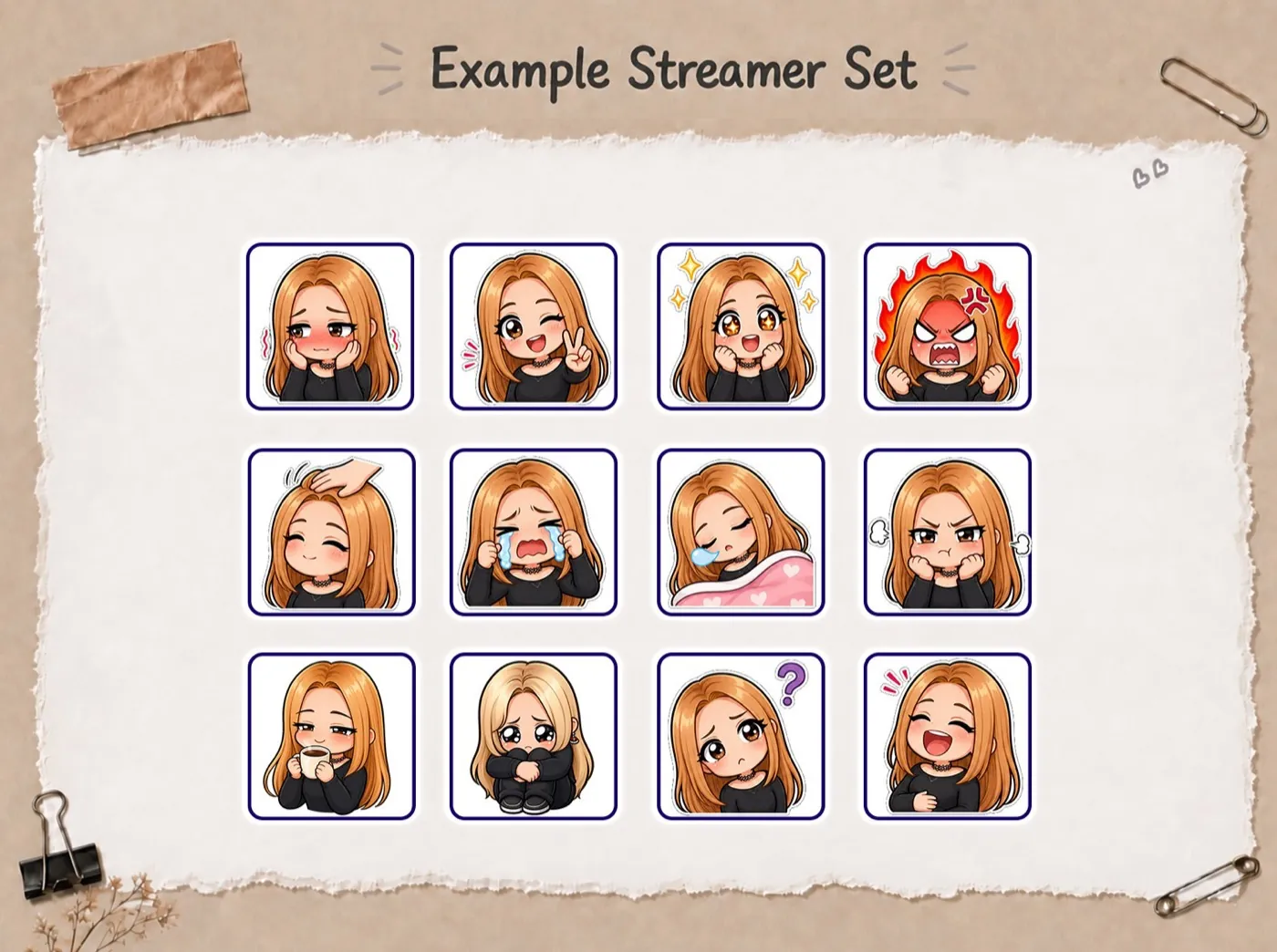 Emote set: long auburn hair, black sweater